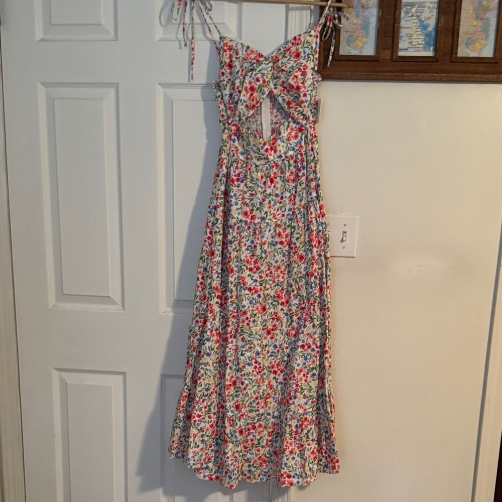 Altar'd State Floral Midi Dress in White with Red, Blue & Green Flowers